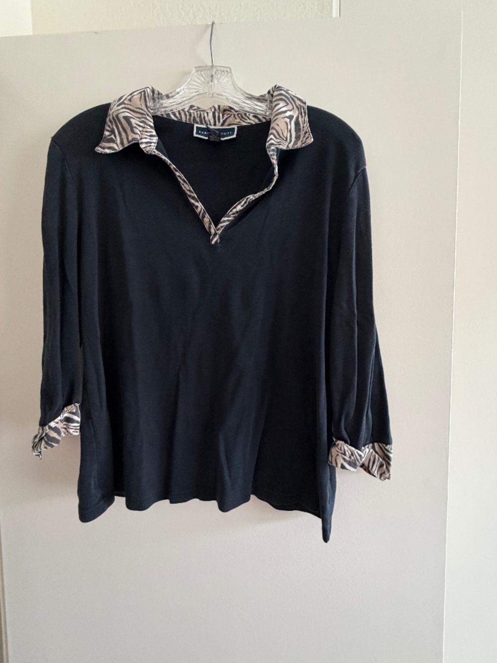 Karen Scott Tee in Black with Animal Print Collar and Cuffs